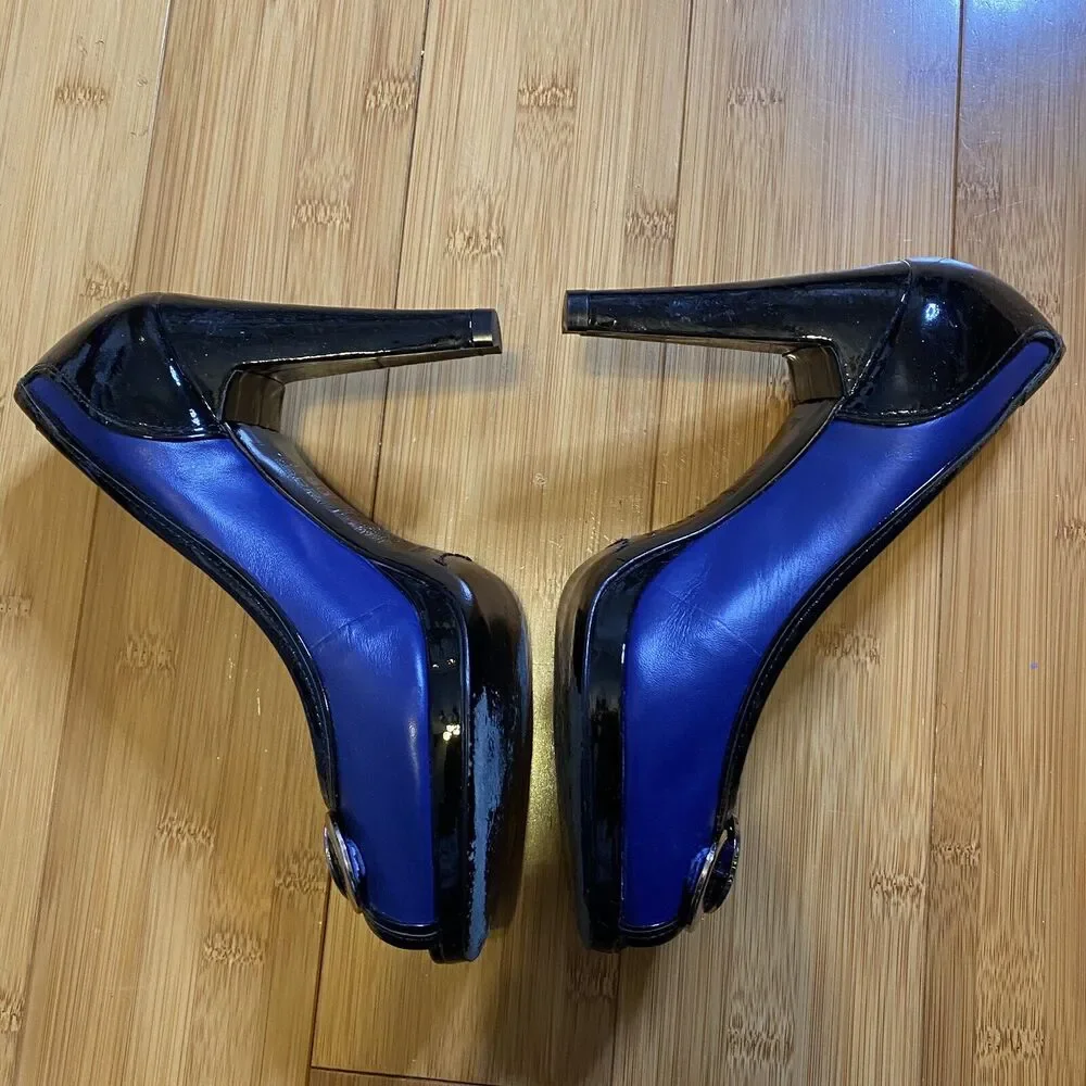 Karen Millen Heels EU Size 37 Blue Black Patent Leather Platform Peep Toe Heels